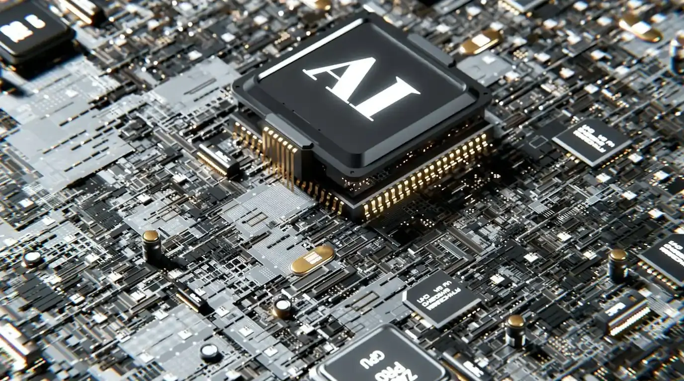 A black processor lettered AI seated on a dense silver circuit board.